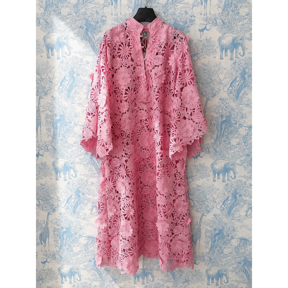 La Vie Style House 3D Floral Lace Caftan Pink One Size Kimono Maxi Dress